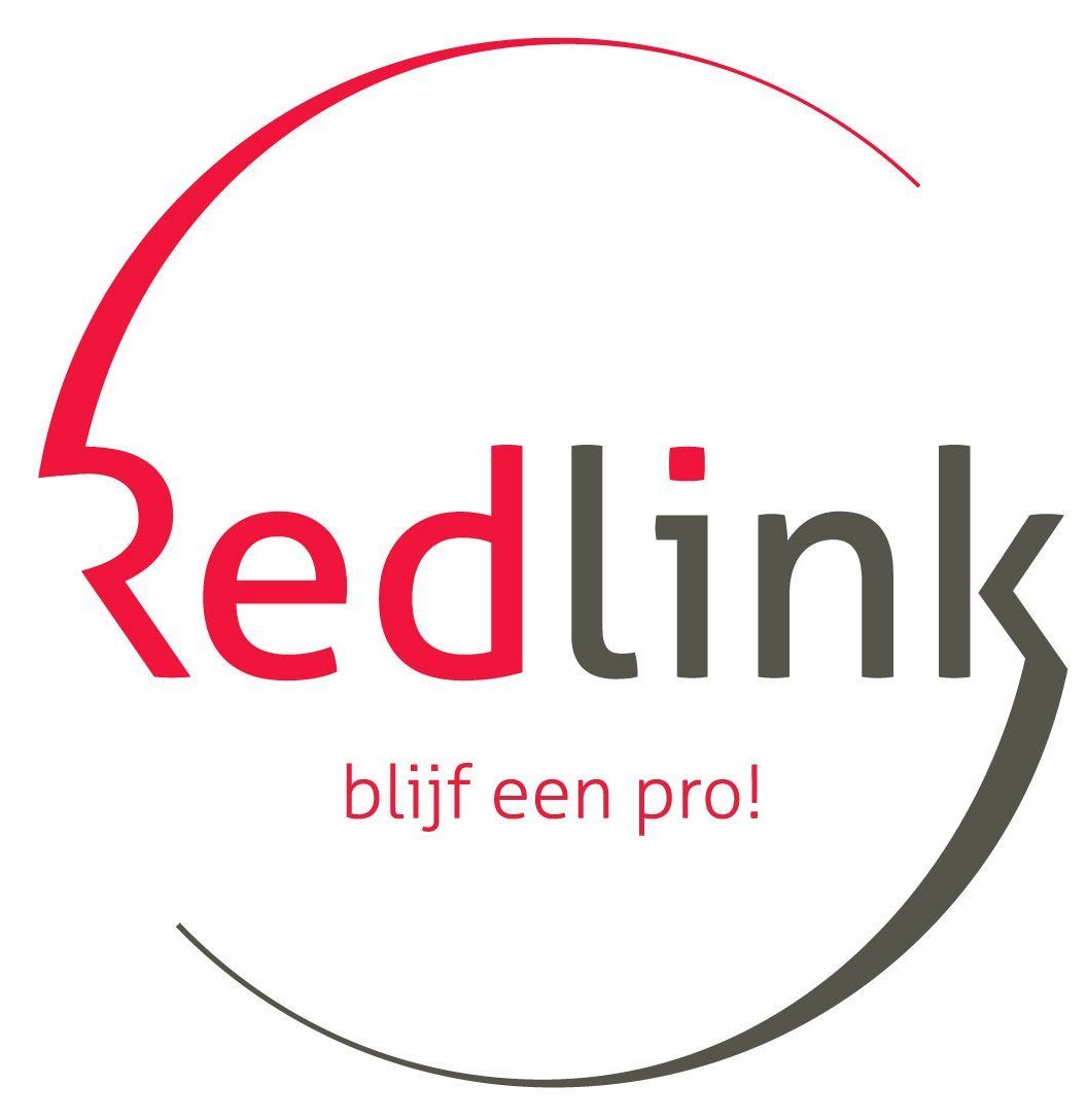 Het Redlink-logo in rood en grijs met de slogan “blijf een pro!”