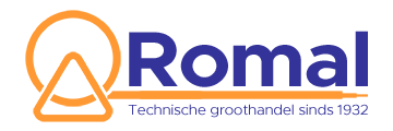 Romal logo in blue and orange with Dutch tagline “Technische groothandel sinds 1932”