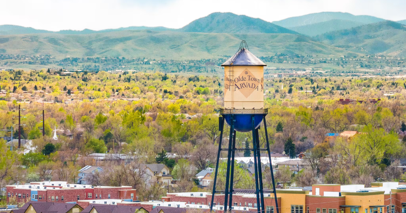 Water tower with decorative artwork, stands above city and trees, with mountains in the background.