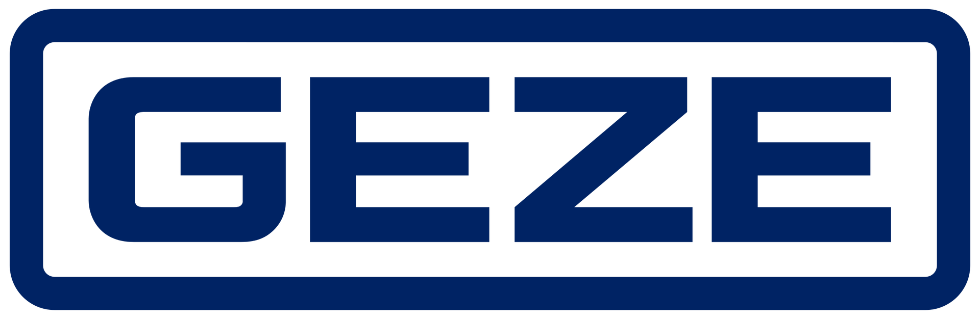 Das Logo der Marke GEZE in blauen Buchstaben innerhalb eines weißen abgerundeten Rechtecks ​​mit blauer Umrandung.