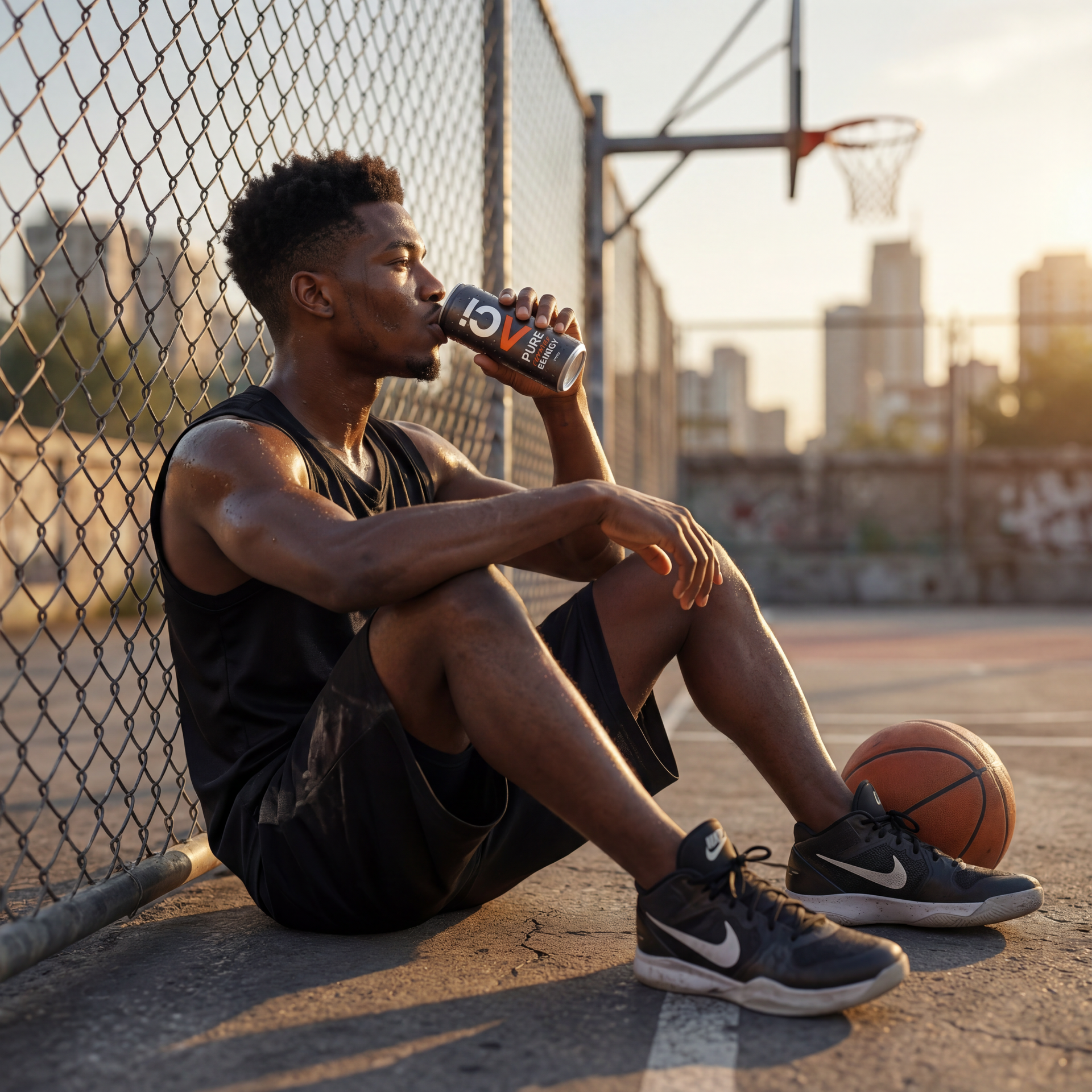 A man drinking from a can, resting on a basketball court next to a ball to show an example of Ai created image..