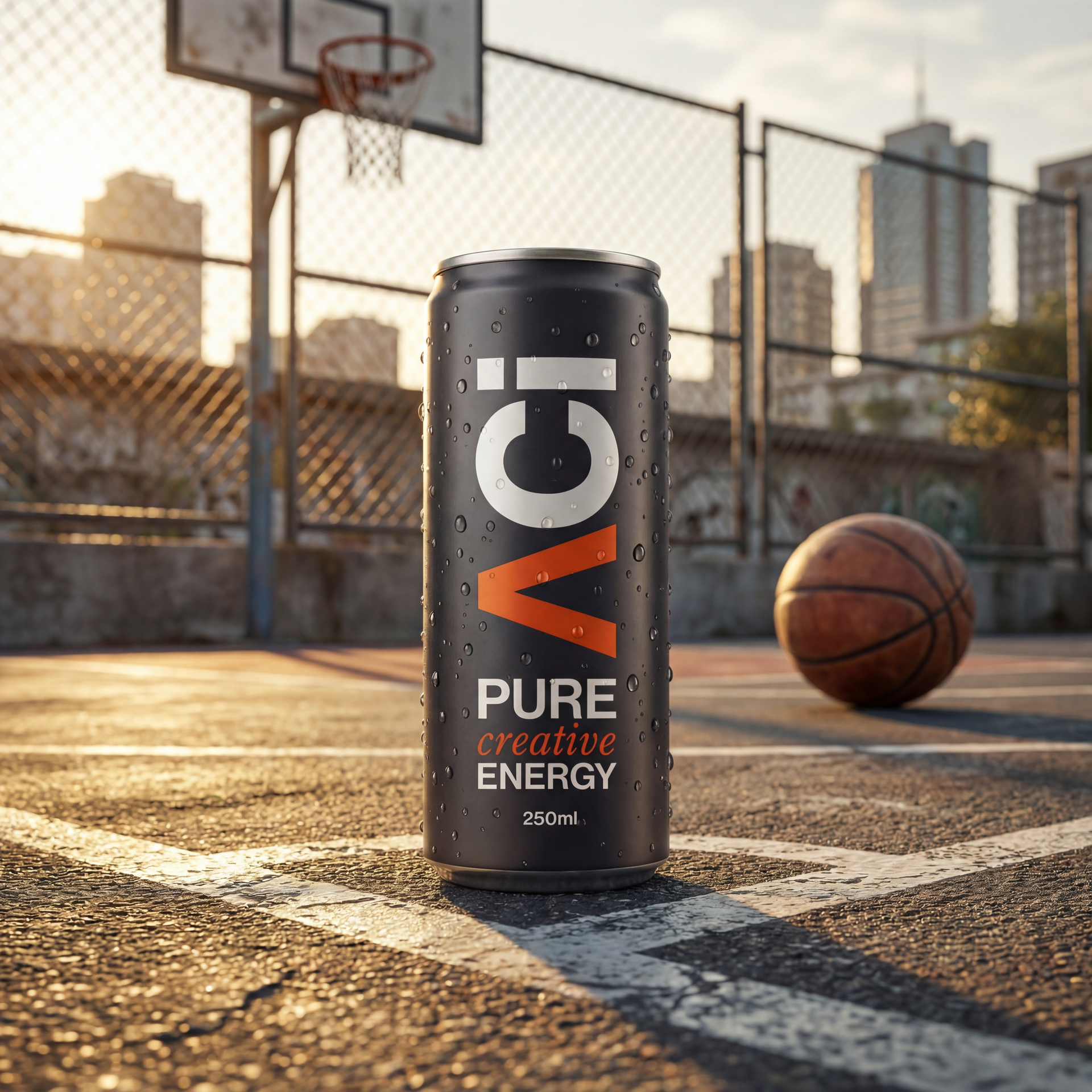 Black can of ACI energy drink with basketball on court, city background created with Ai.