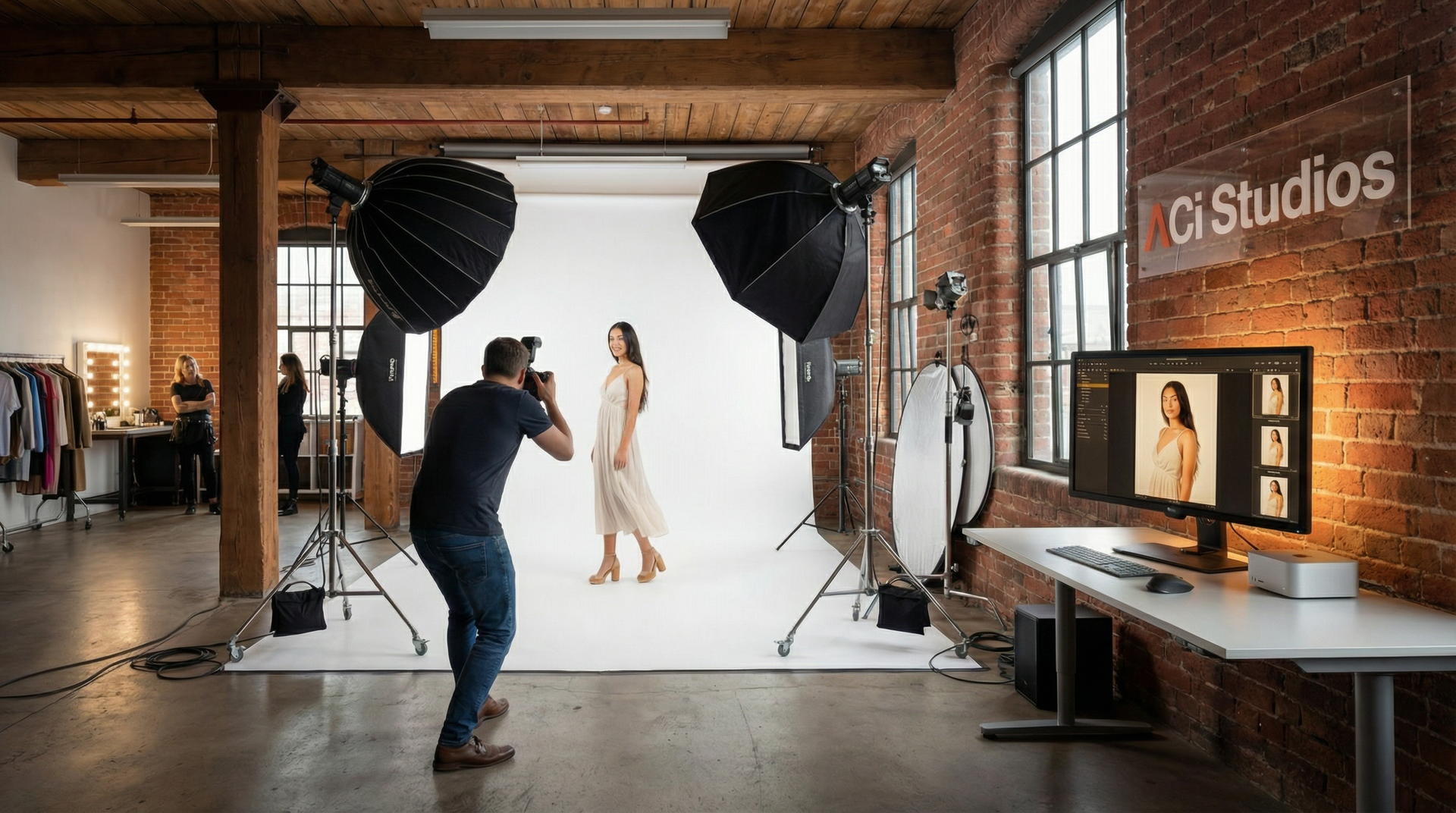 Photographer takes photo of a model in a studio with lighting equipment. Images displayed on monitor. ACi Studios.