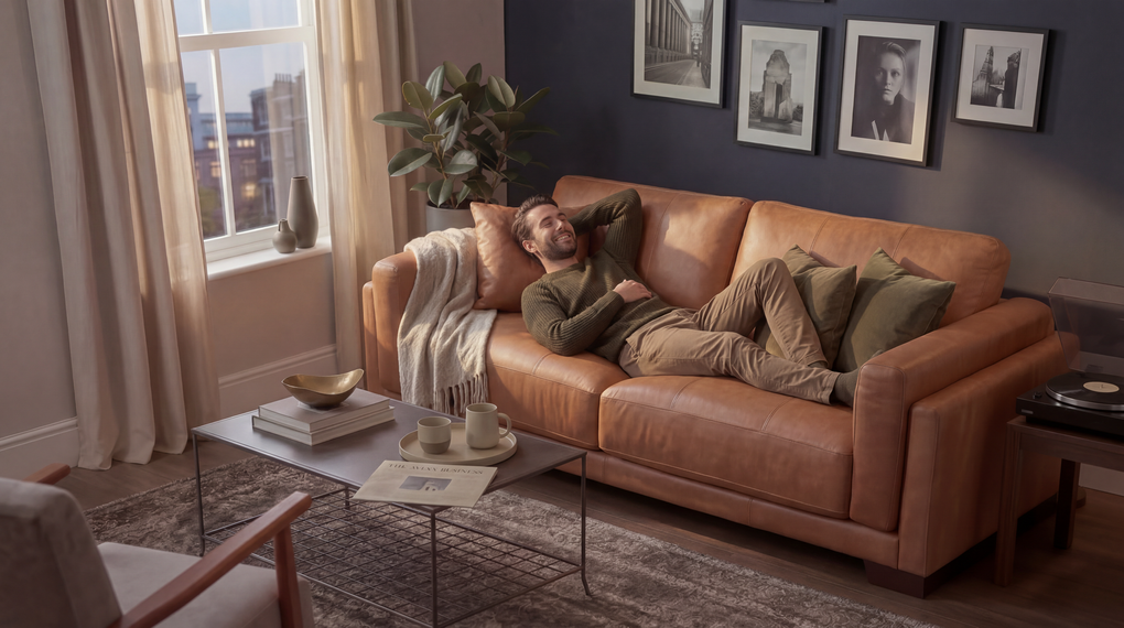 Cozy living room with a tan sofa, patterned rug, framed art, and sunlight by the window.