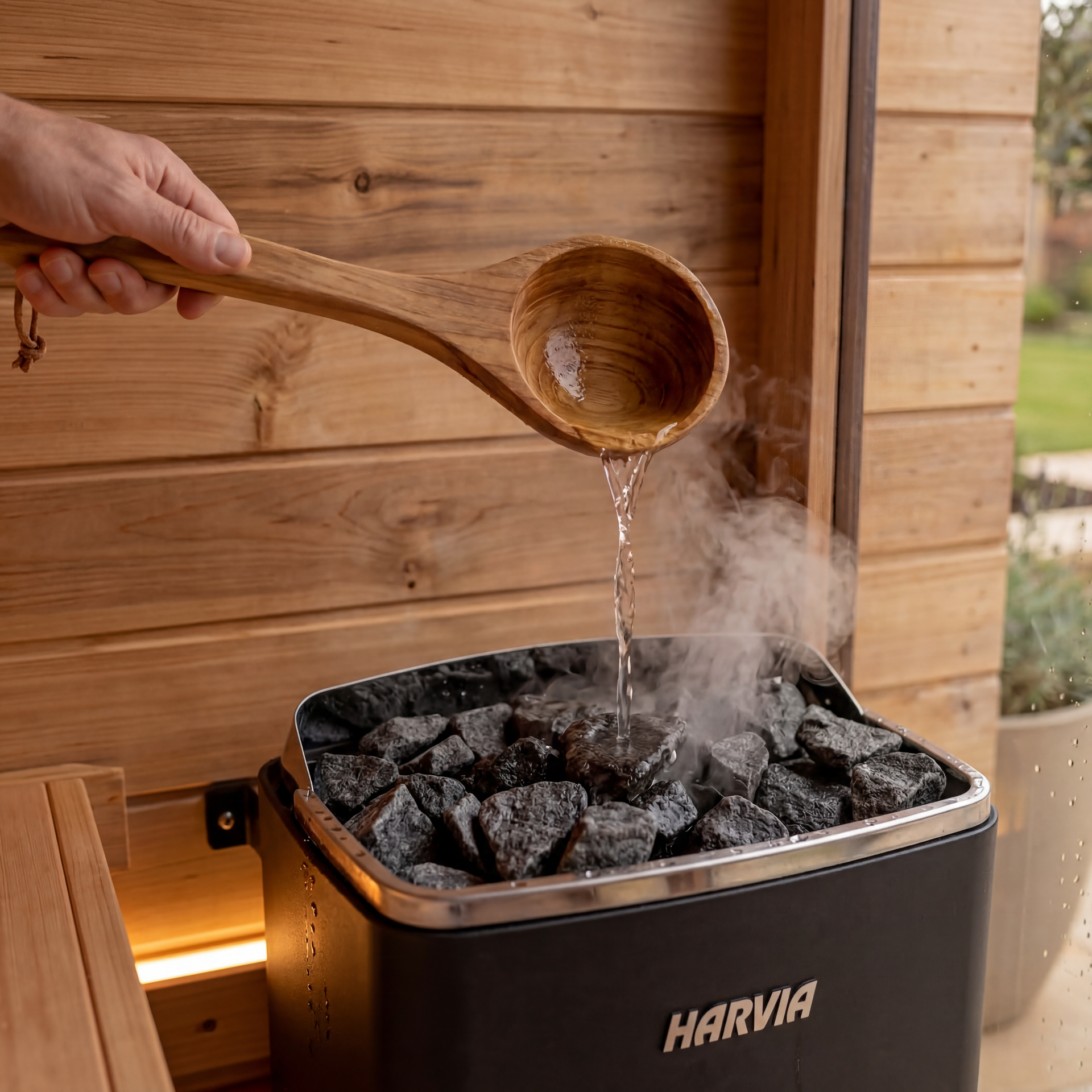 Wooden ladle pouring water onto hot sauna stones in a black Harvia heater, with steam rising.