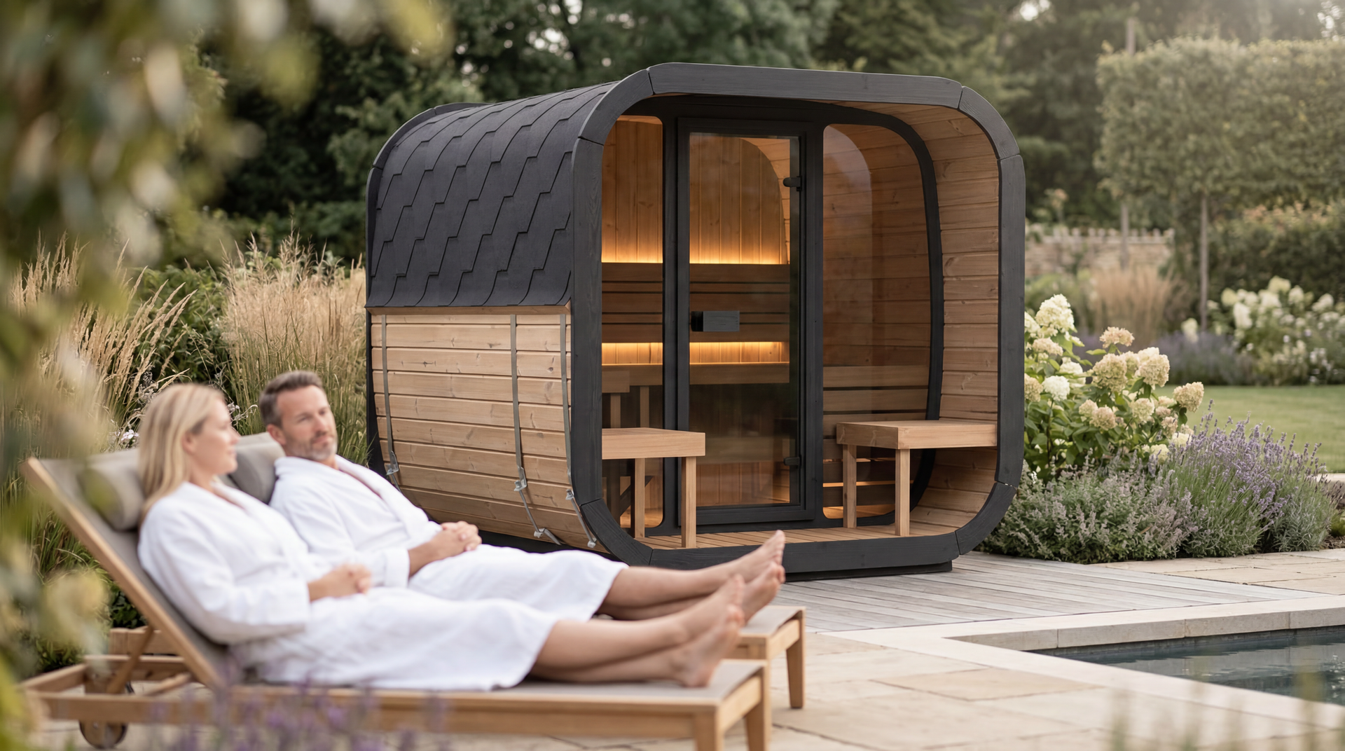 Two people relaxing on lounge chairs beside a small outdoor sauna in a garden.