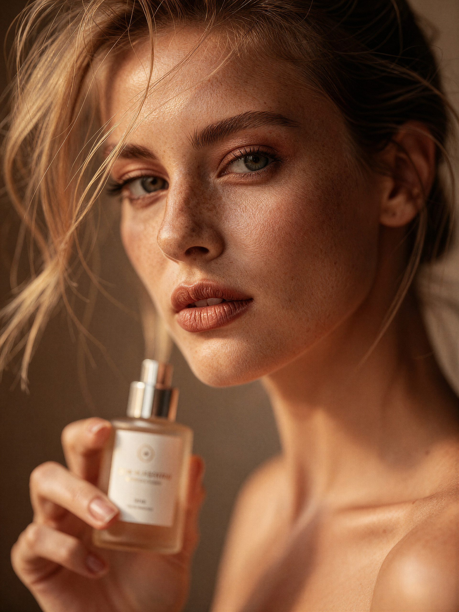 Woman holding a perfume bottle, softly lit against a warm, blurred background.