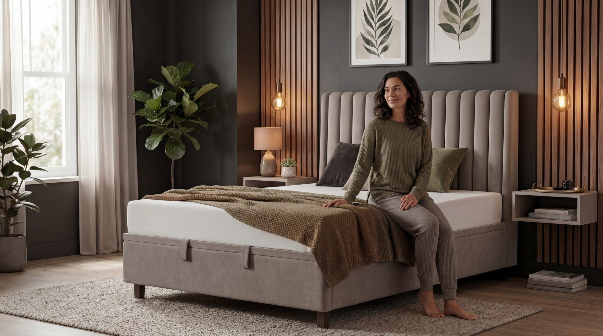 Woman sitting on a beige upholstered bed in a modern bedroom with warm lighting and decor