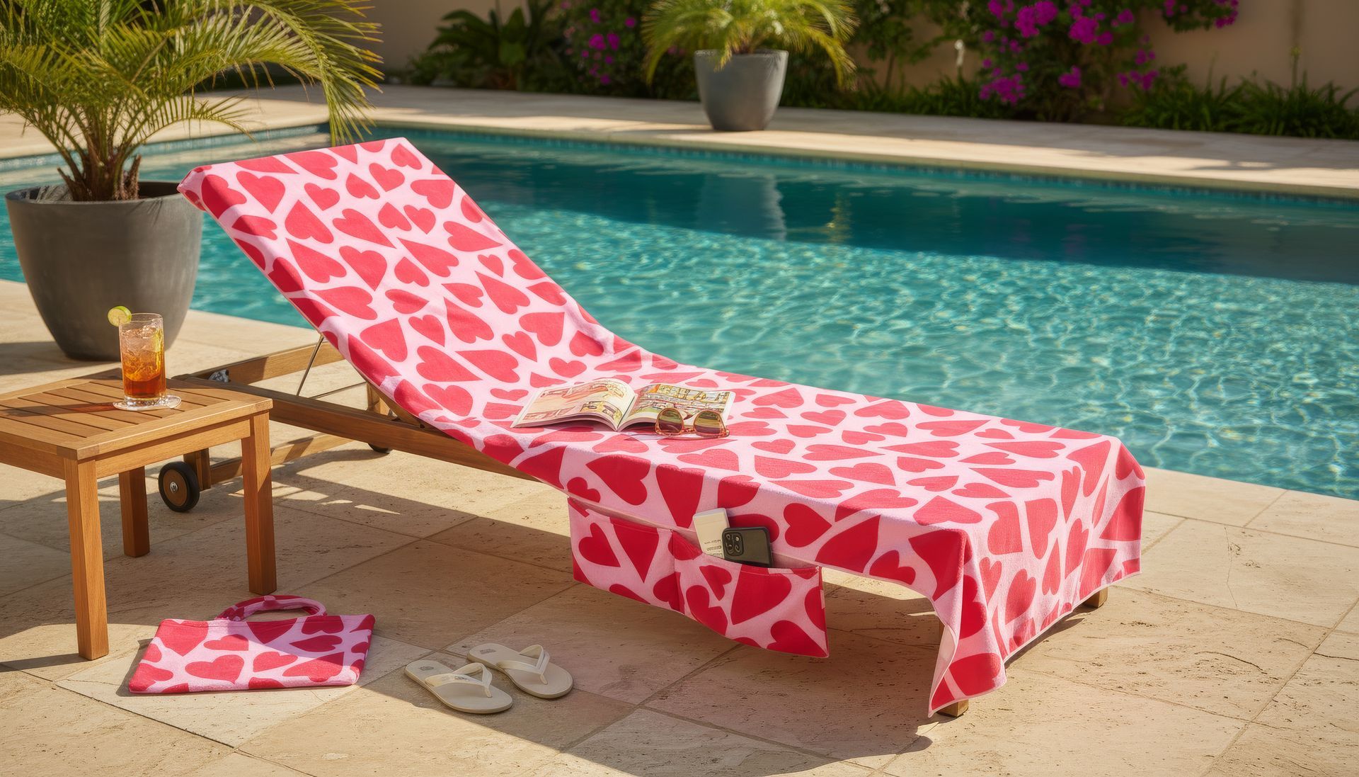 Lounge chair by a pool covered in a pink heart-patterned towel. Drinks and sandals are nearby. Created in Ai by ACi Studios