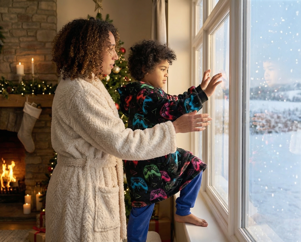 Woman and child looking out a window at snow, fireplace and Christmas tree perfectly created using Ai 