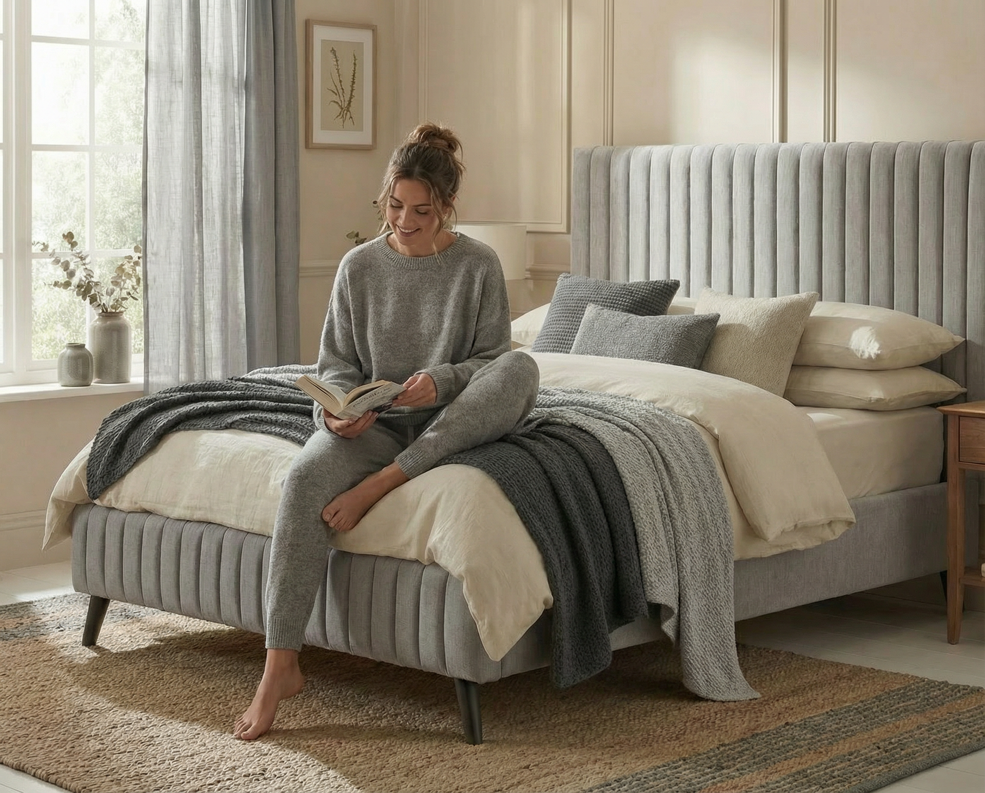 Woman in gray sweatsuit sits on bed, reading a book. Light-colored bed with gray headboard, blanket, and pillows.