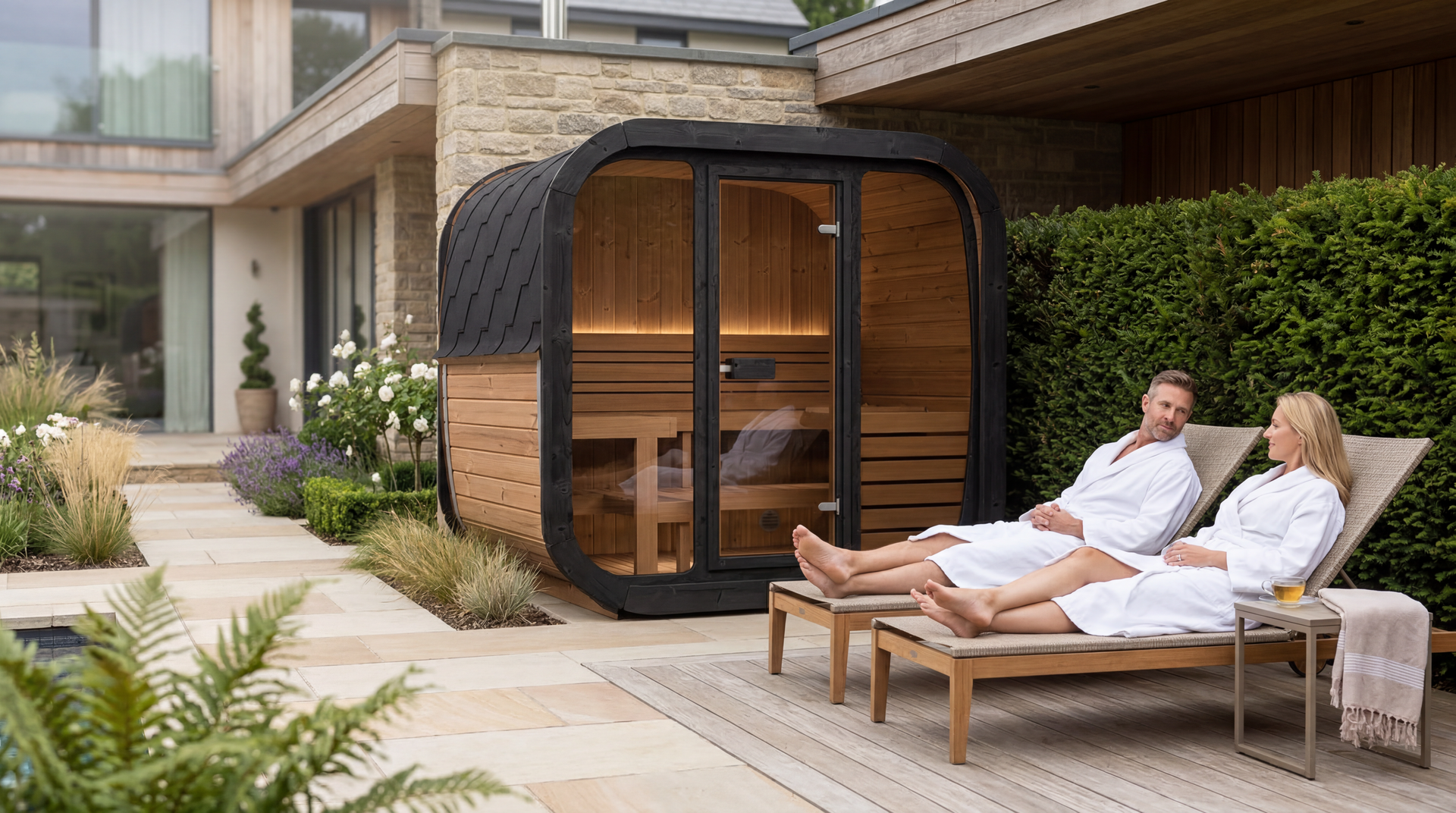 Two people relaxing on lounge chairs beside a small outdoor sauna in a modern backyard.