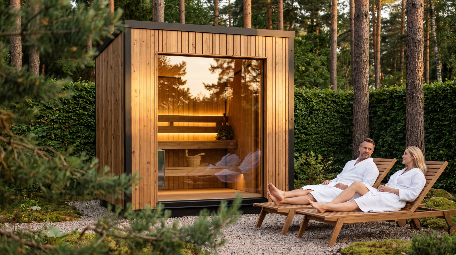 Wooden sauna cabin in a forest, with two people relaxing on lounge chairs outside at sunset.