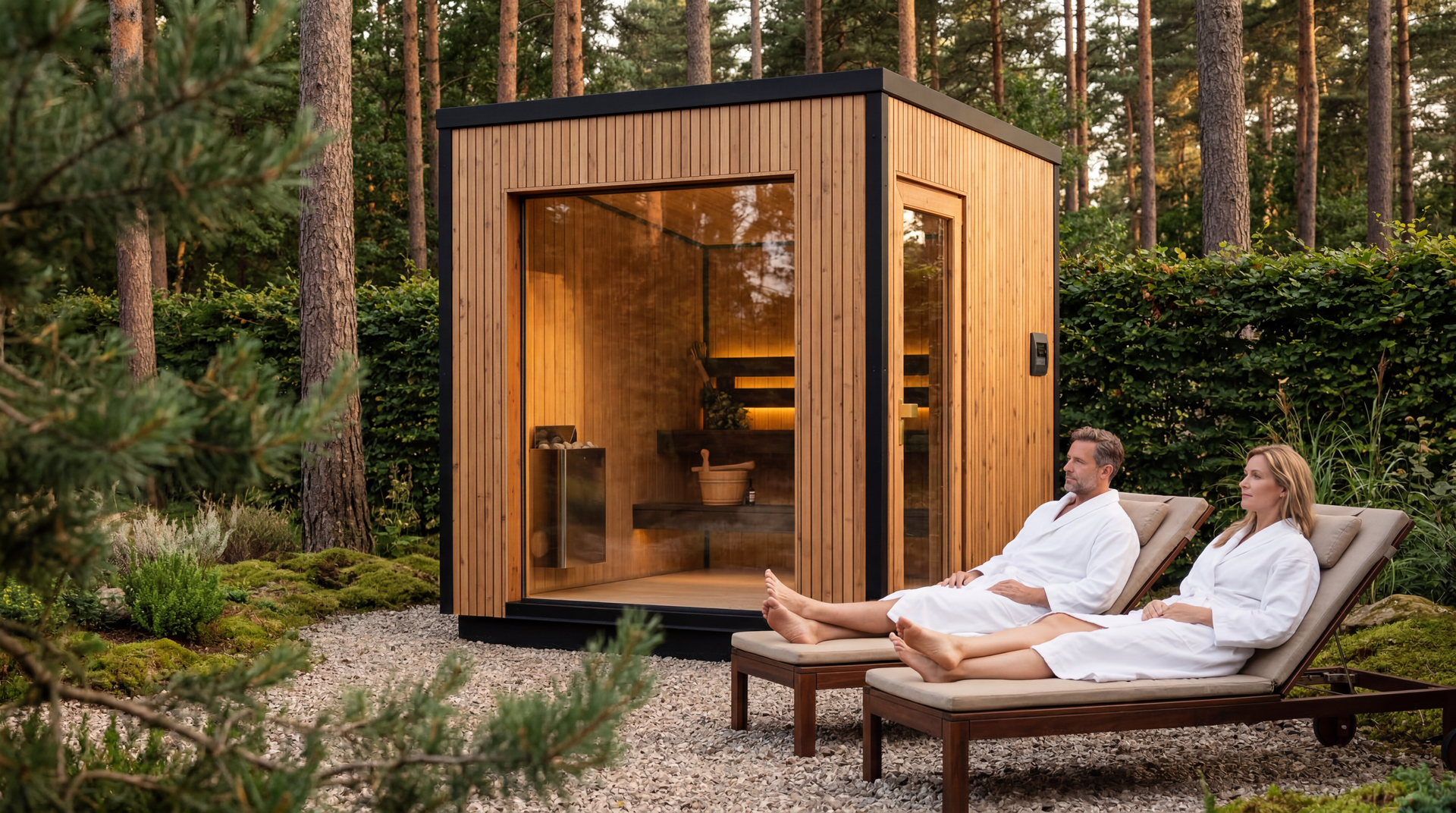 People relaxing on lounge chairs beside a small wooden sauna in a forest clearing.