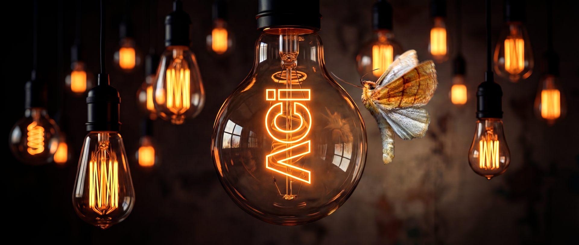 Glowing light bulbs hang with a moth near a bulb with 
