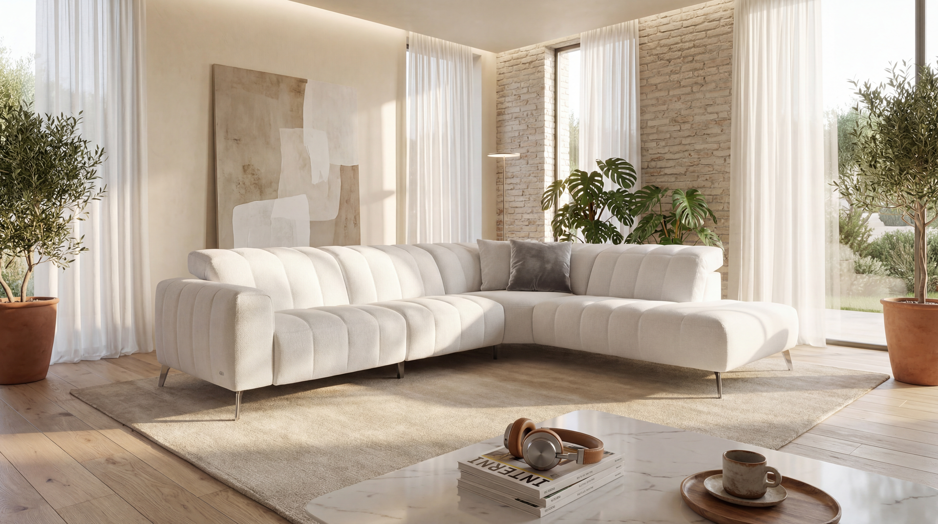 Bright modern living room with beige sectional sofa, potted plants, and a sunlit window