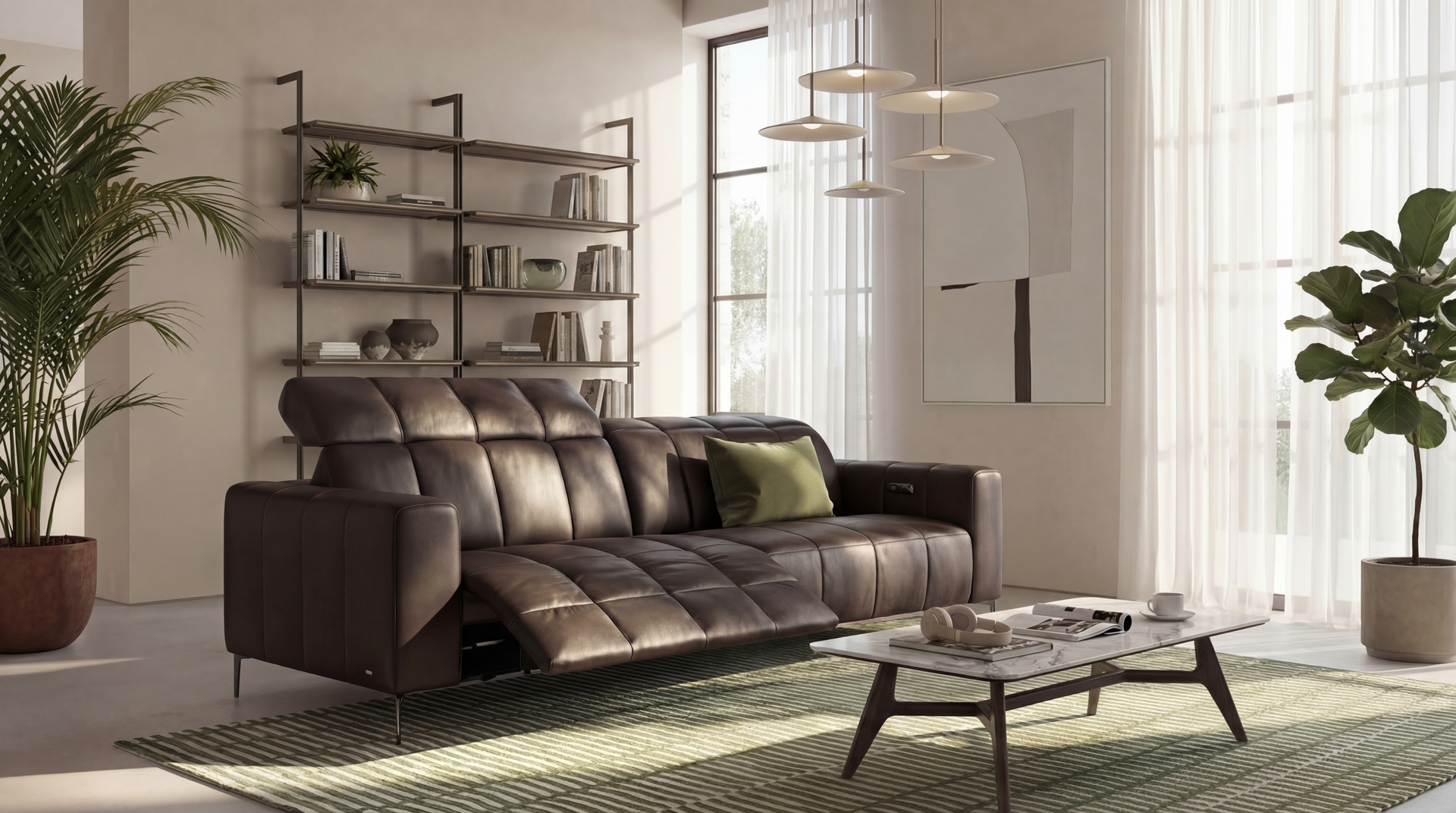 Woman reads on gray sofa, living room with art, wooden furniture, window, and yellow throw. Created ai