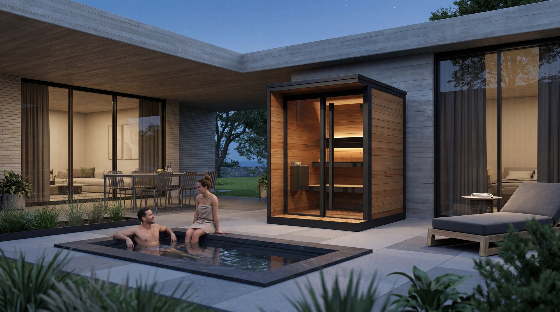 Modern patio with a fire pit, lounge chairs, and an open glass-walled home at dusk.