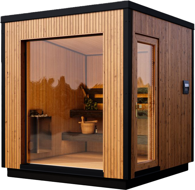 Modern wooden outdoor sauna with large glass front and side windows