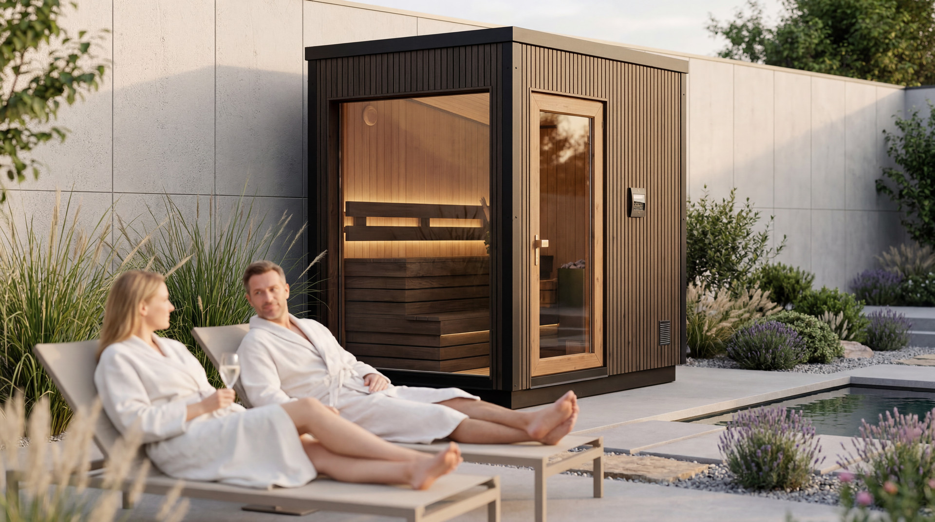 Two people relaxing on loungers beside a modern outdoor sauna at dusk