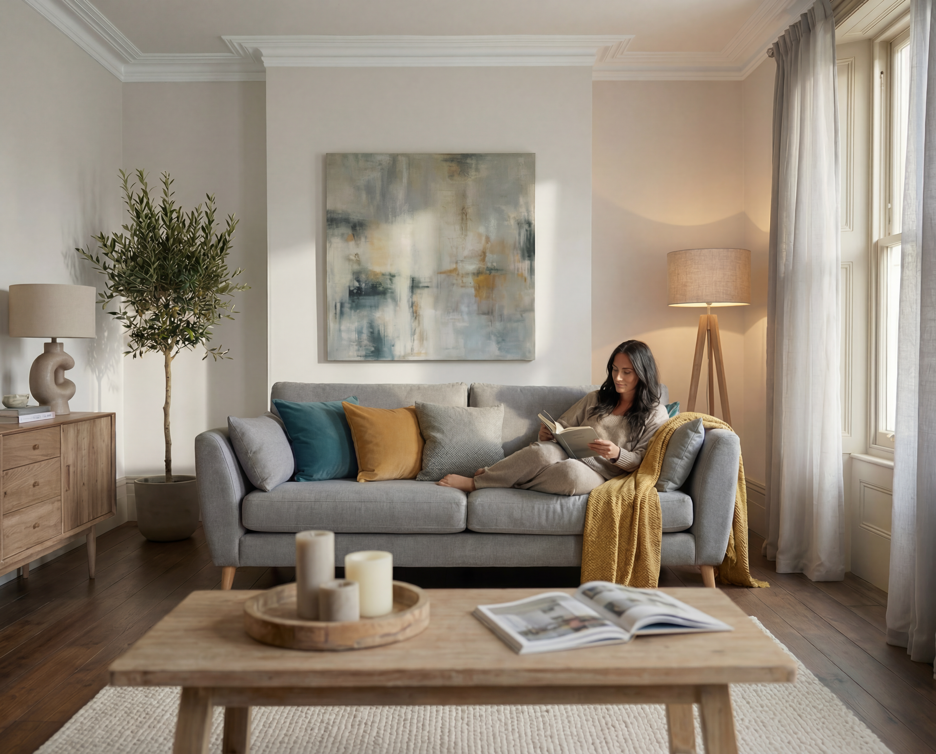 Bright living room with gray sofa, abstract art, wooden table, and a person reading by the window.