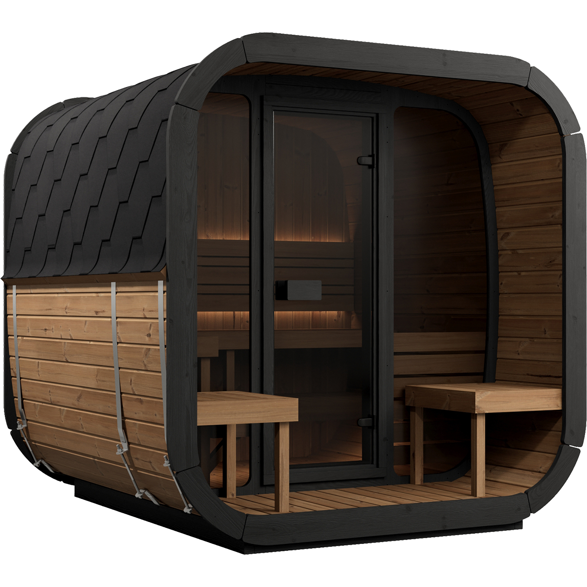 Compact wooden sauna cabin with dark curved roof and glass front, featuring two benches inside