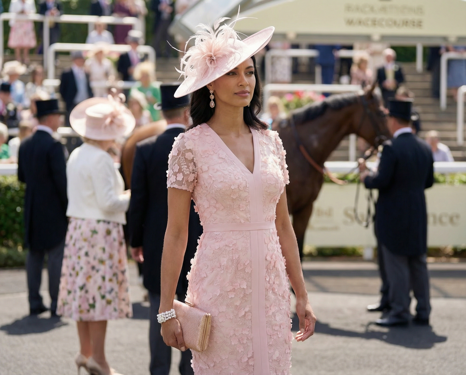 Woman in pink dress and hat at a horse race, holding a clutch.