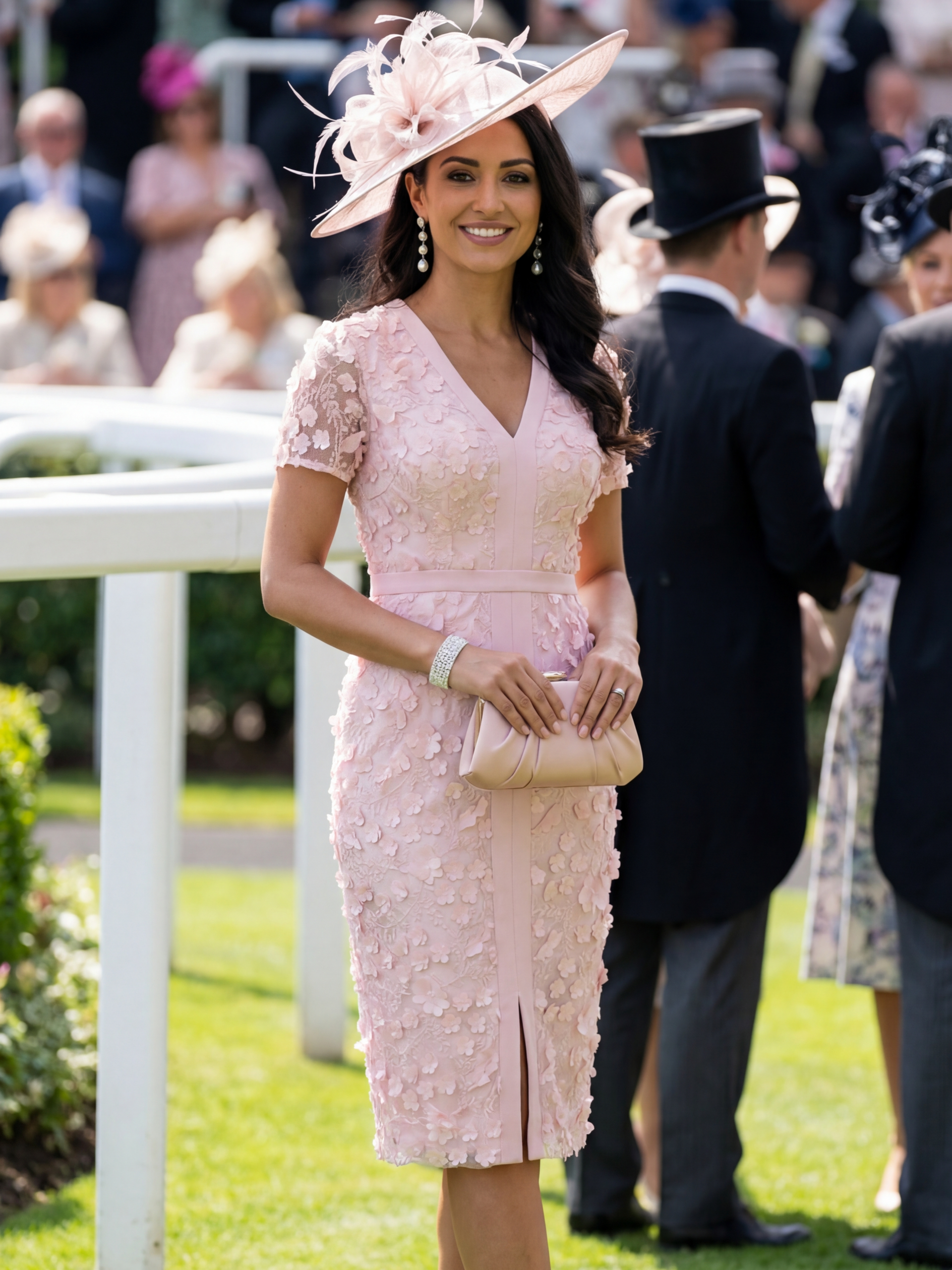 Woman in a pink dress and hat holding a clutch at an outdoor formal event.