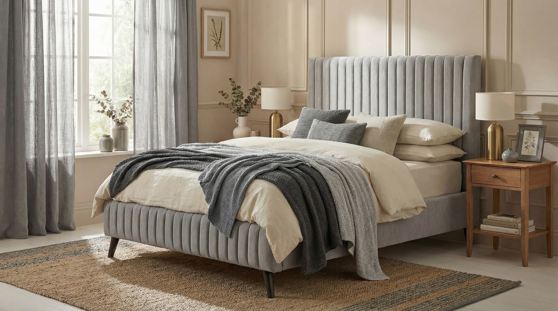 Gray velvet bed with a ribbed headboard, draped with blankets, in a light room.