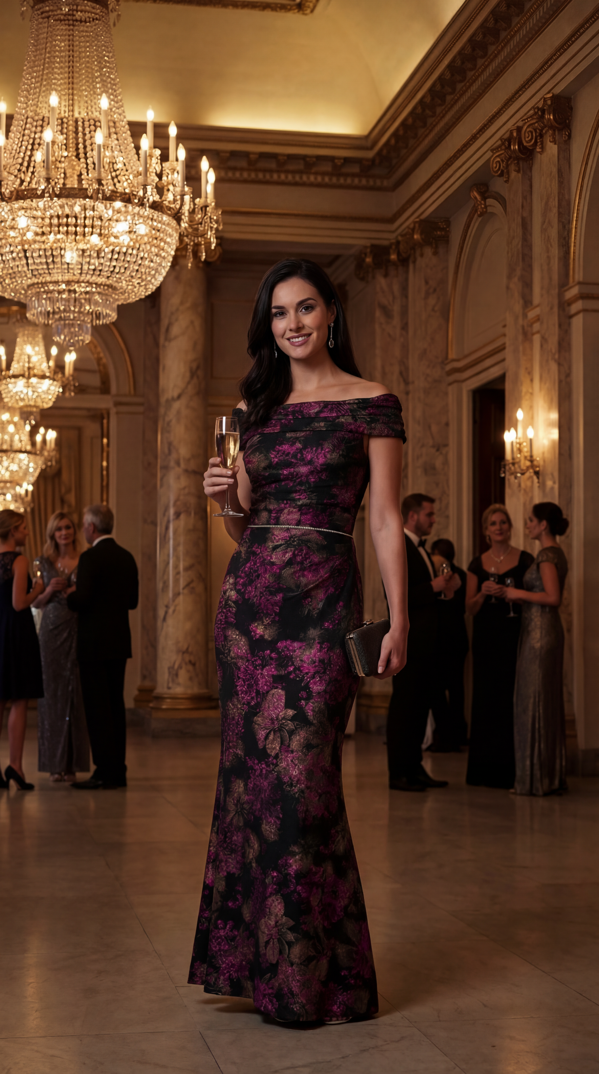 Woman in formal gown, holding champagne, at a gala. Ballroom setting with chandelier and guests.