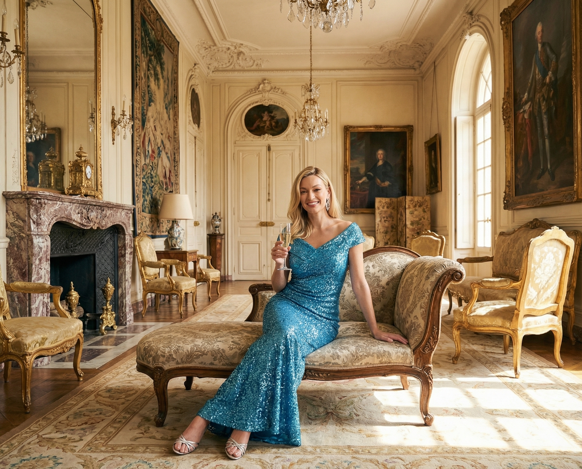Woman in blue sequined gown poses on ornate chaise lounge in lavish room, holding champagne.