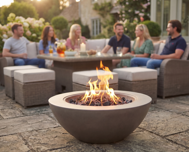 Fire pit with flames, six people gathered around a table outdoors at dusk.