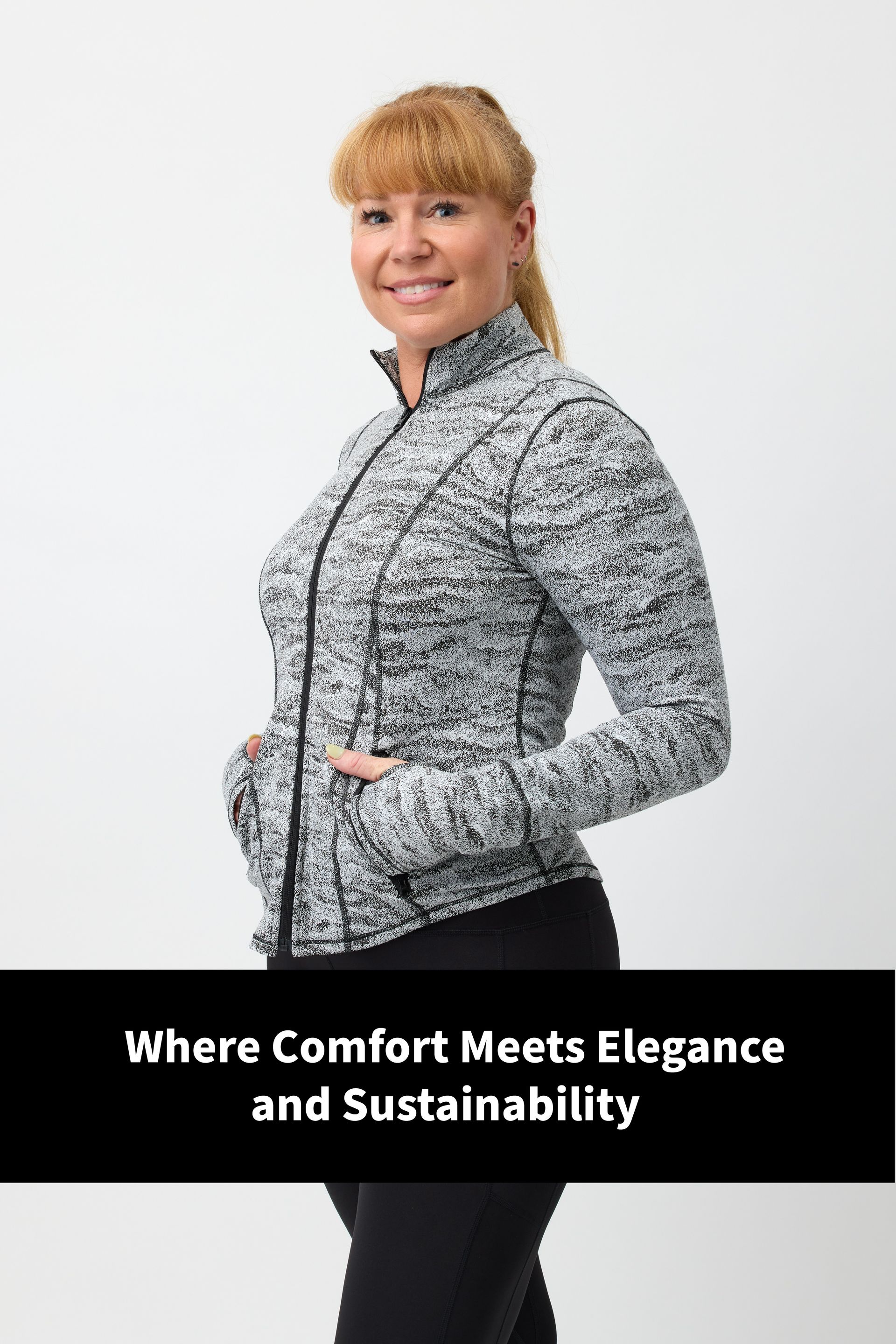 Image of lady wear comfy grey and black skim body jacket