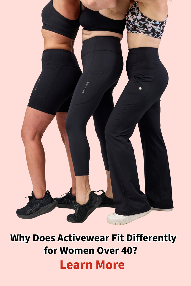 Reference guide of activewear design for women over 40, illustrated with 3 over 40 women wearing Happy Healthy Fitness activewear.