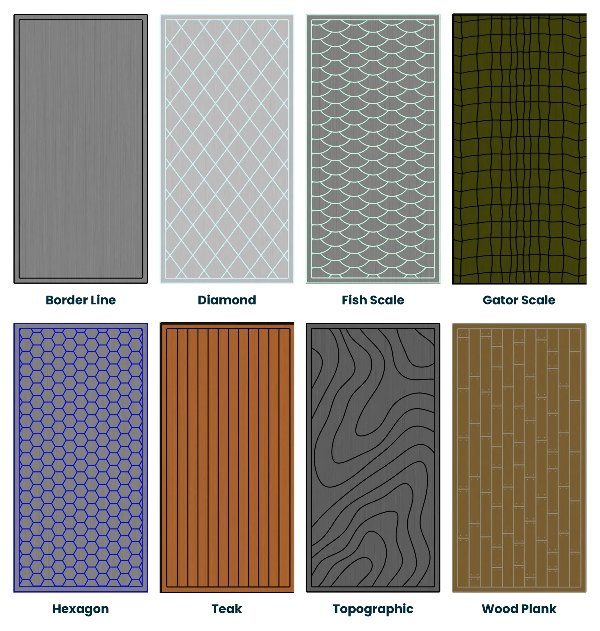 Foam flooring patterns in borderline, diamond, fish scale, gator skin, diamond, teak, topographic.