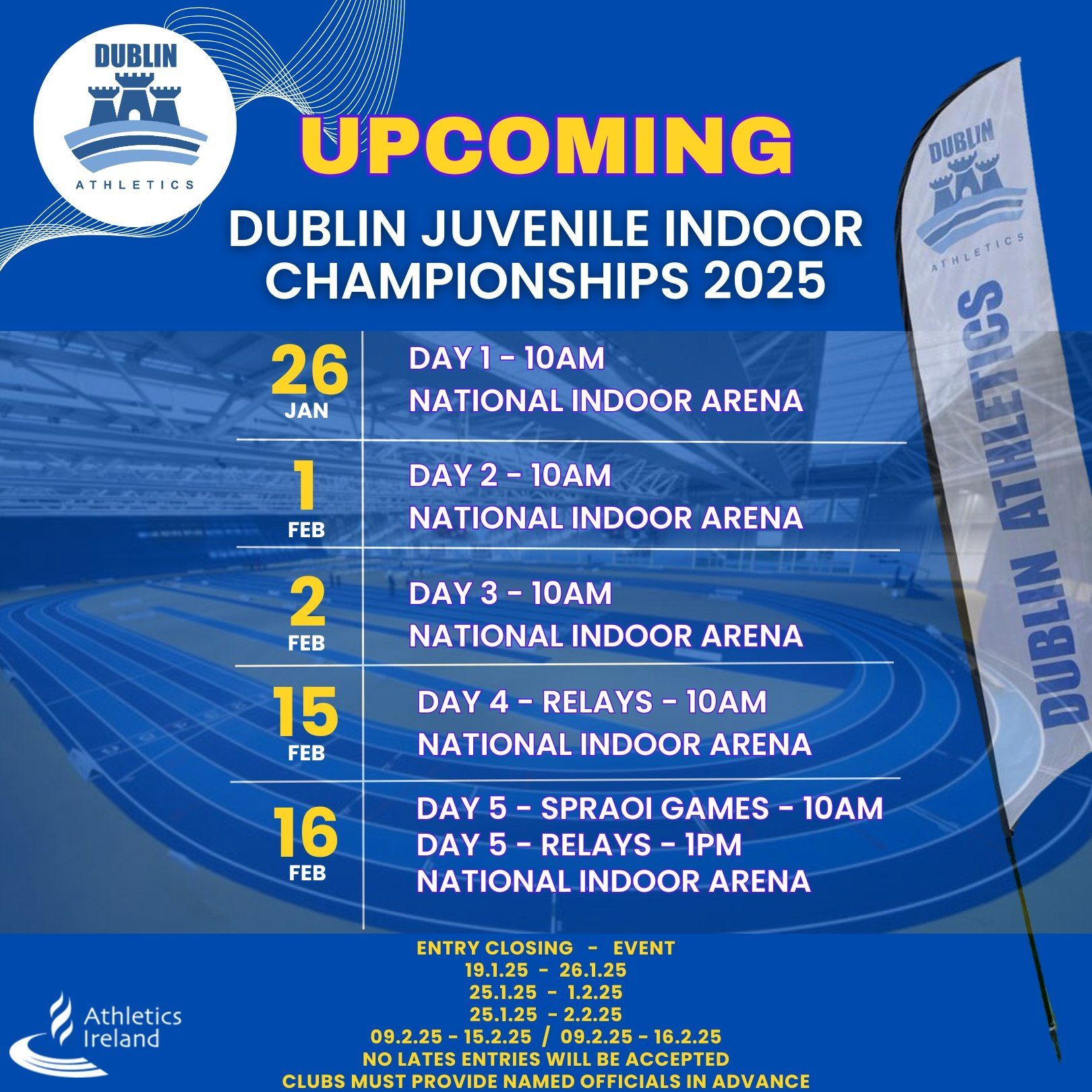 A poster for the upcoming dublin juvenile indoor championships in 2025