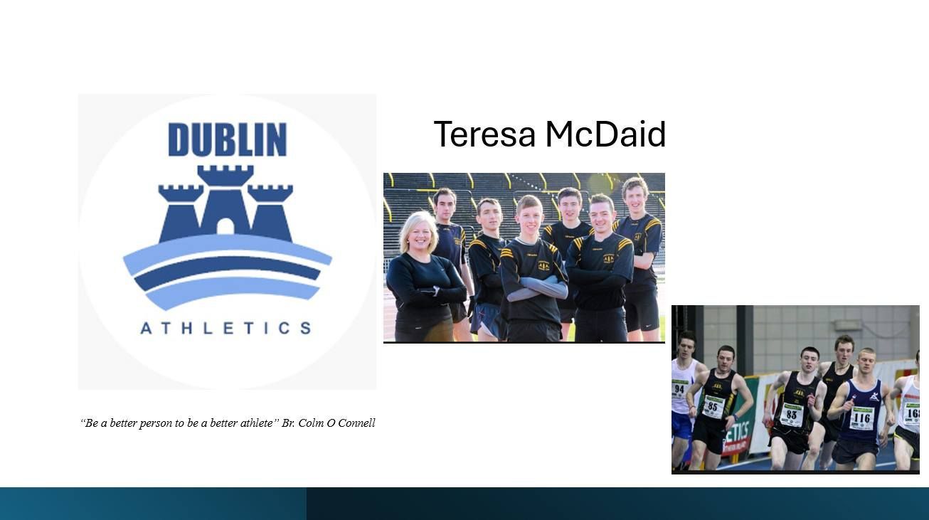 A group of people are standing next to each other in front of a dublin athletics logo.