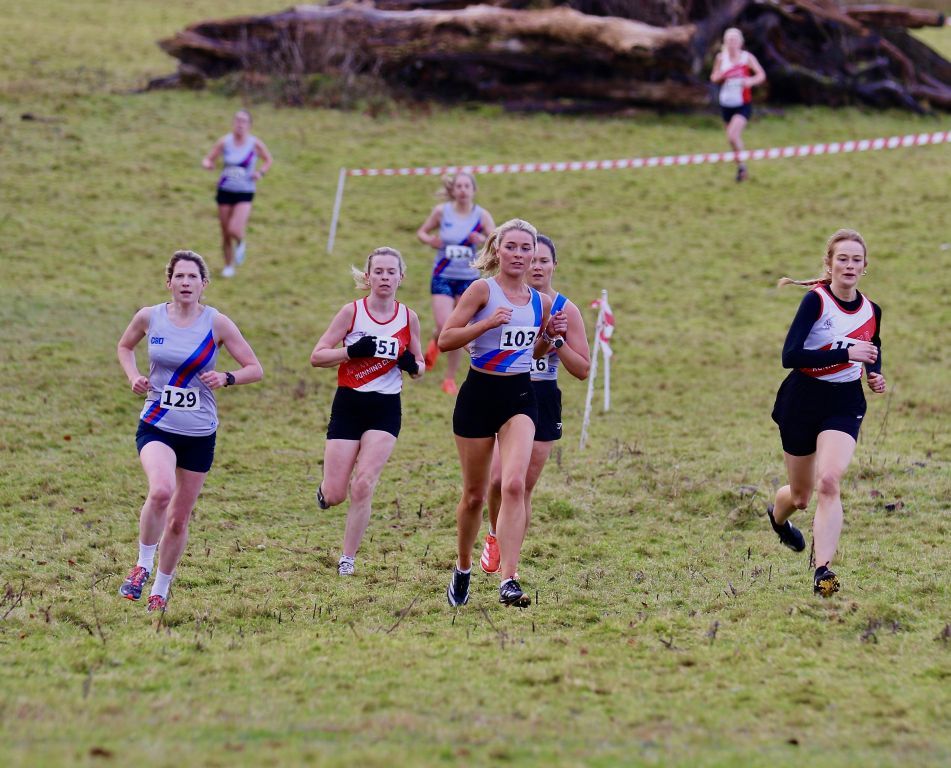 A group of women are running in a field and one of them has the number 130 on her shirt
