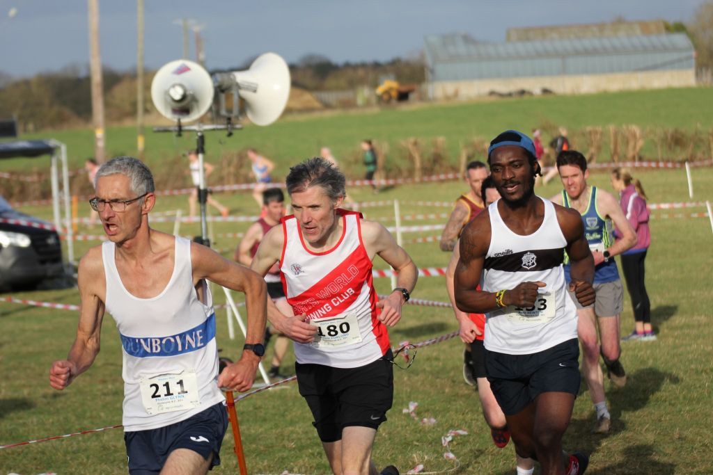 A group of runners are running on a grassy field.