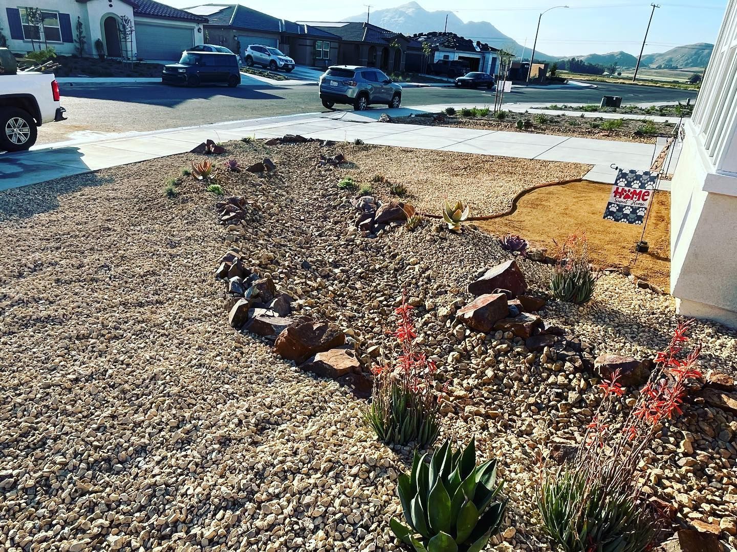 Gravel landscaping with desert plants and rocks in front of a house, with cars driving on the street.