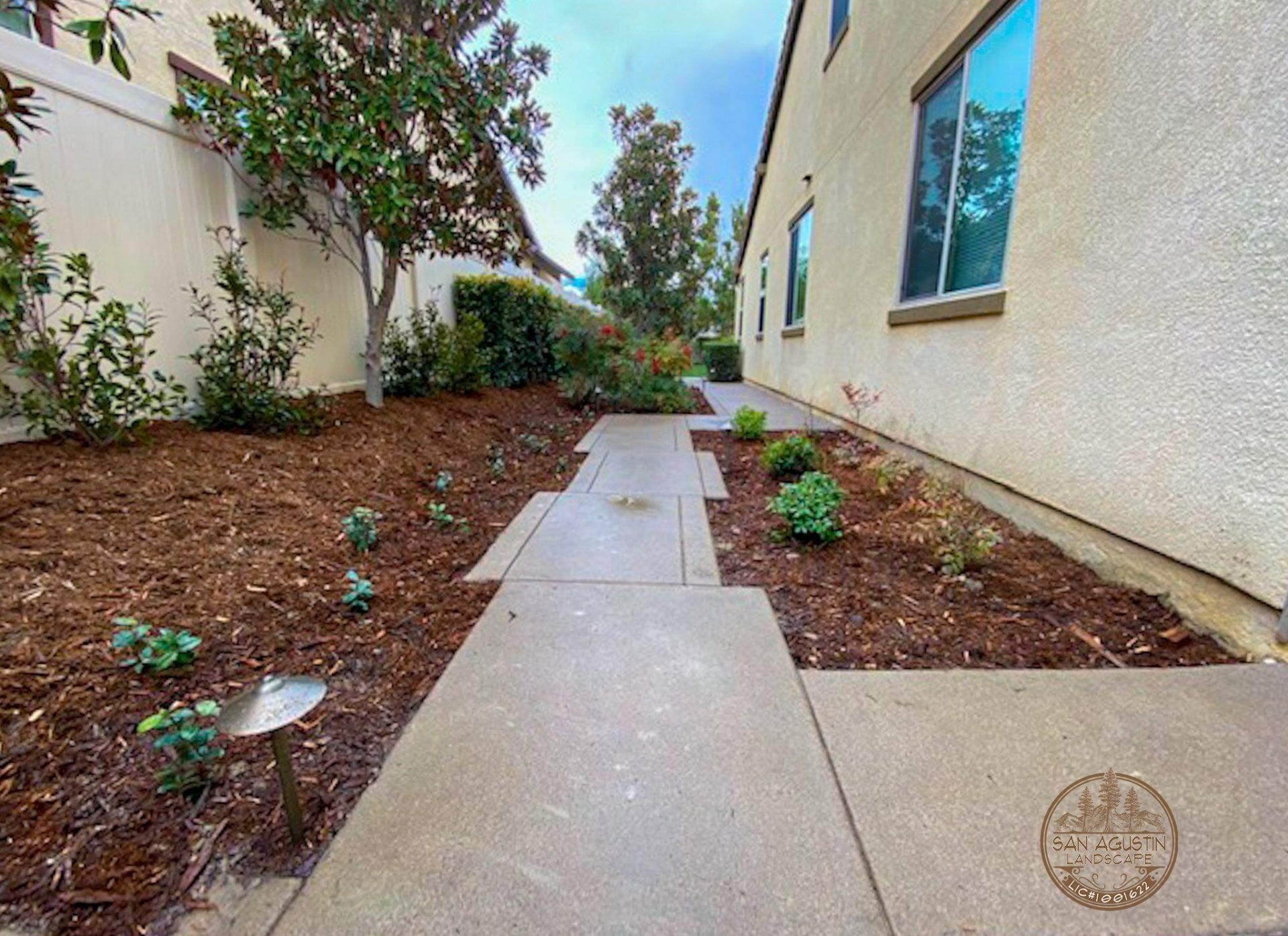 Concrete path alongside a building with small plants and mulch in a yard.