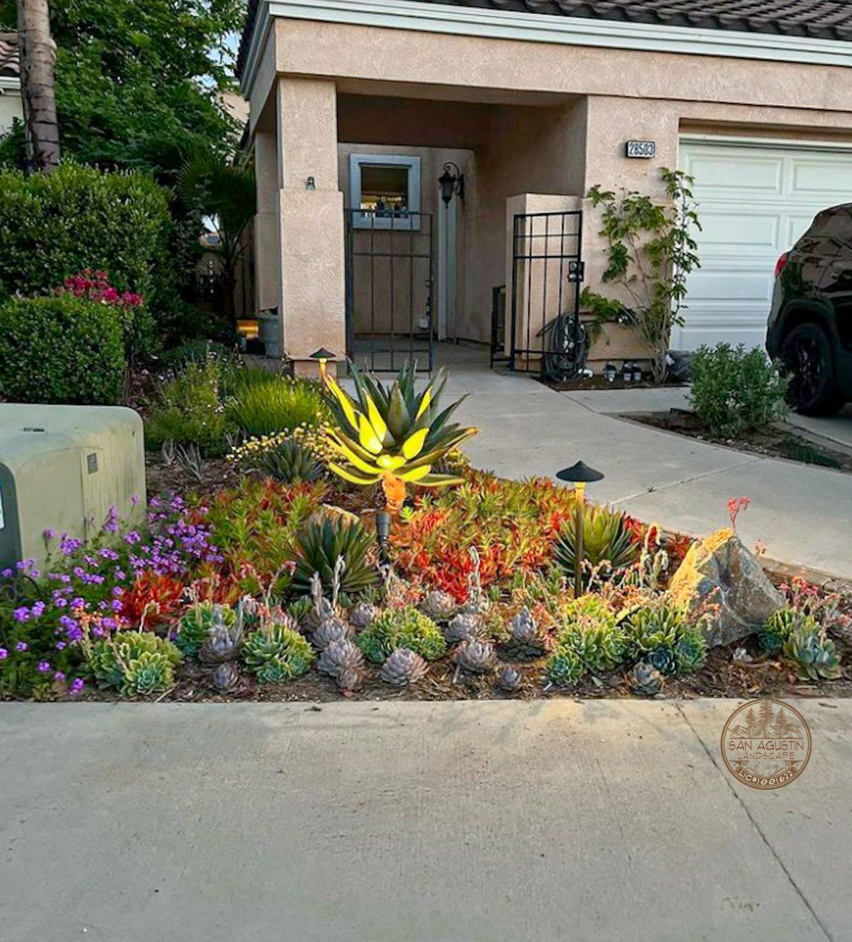 Front yard with succulent garden. A house has a beige exterior, a driveway, and a garage. The garden has a large central plant lit up.