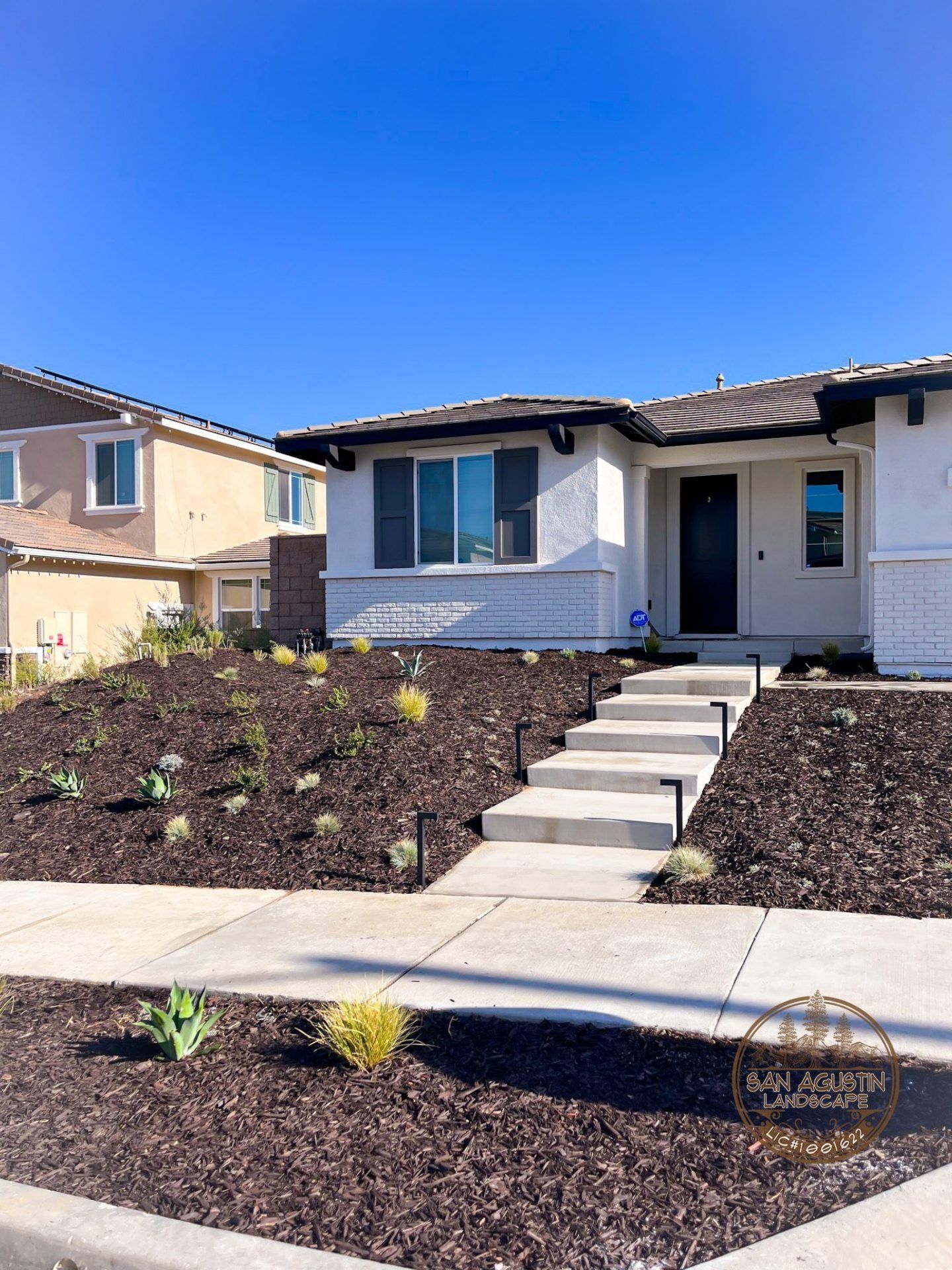 Modern house with concrete steps, front yard landscaping, and blue sky.