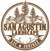 Circular logo: "San Agustin Landscape" with mountains, trees, and license number.
