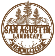 Circular logo: "San Agustin Landscape" with mountains, trees, and license number.