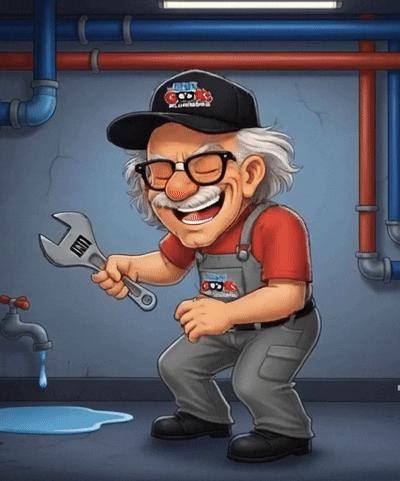 Smiling plumber holding wrench, standing near a leaky faucet in a basement setting.