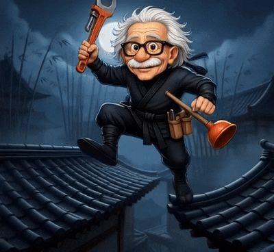 Ninja Albert Einstein balancing on rooftops, holding a wrench and plunger. Nighttime scene.