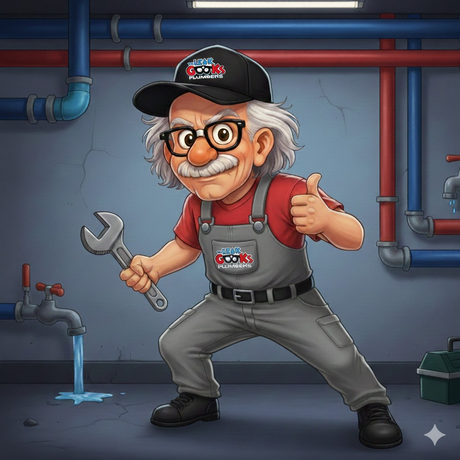 Cartoon plumber with gray hair, holding a wrench, giving a thumbs up. Standing in front of pipes.