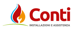 Conti logo with flame icon and “INSTALLAZIONI E ASSISTENZA” text in red and blue