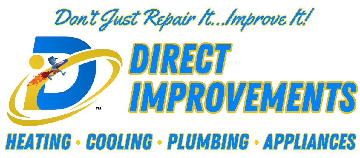 A blue and yellow logo for direct improvements heating cooling plumbing appliances